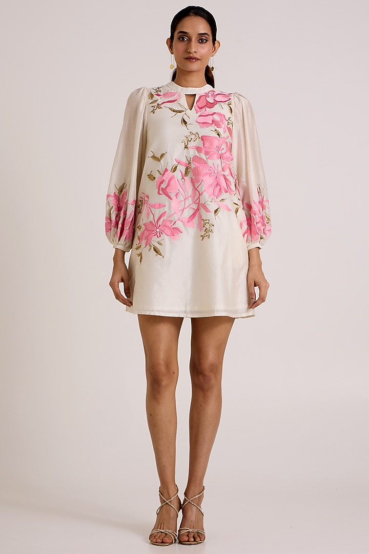 Ivory Handloom Chanderi Silk Floral Embroidered Mini Vacation Dress by MADDER MUCH at Pernia's Pop Up Shop