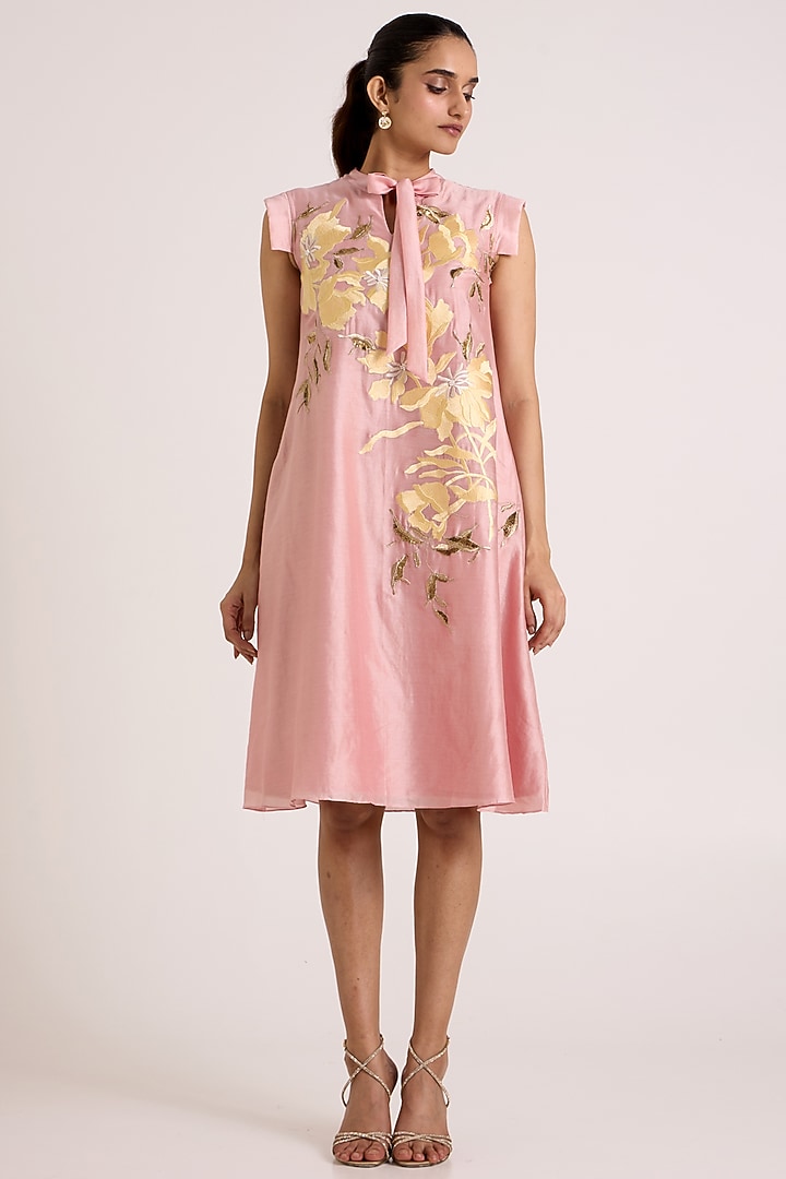 Ice Pink Handloom Chanderi Silk Floral Embroidered A-Line Mini Vacation Dress by MADDER MUCH at Pernia's Pop Up Shop