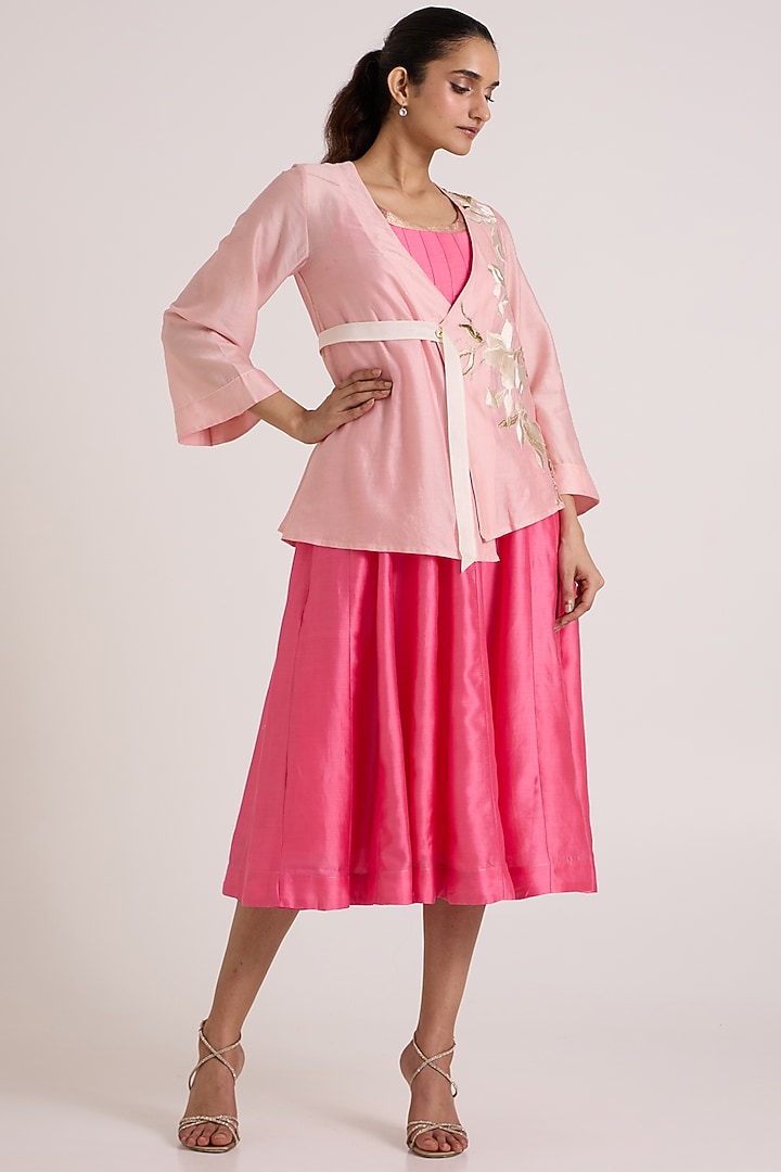 Pink Handloom Chanderi Silk Cocktail Dress With Overlap Jacket by MADDER MUCH at Pernia's Pop Up Shop