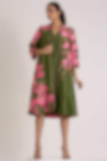 Olive Green Handloom Chanderi Silk Floral Printed Jacket Cocktail Dress by MADDER MUCH at Pernia's Pop Up Shop