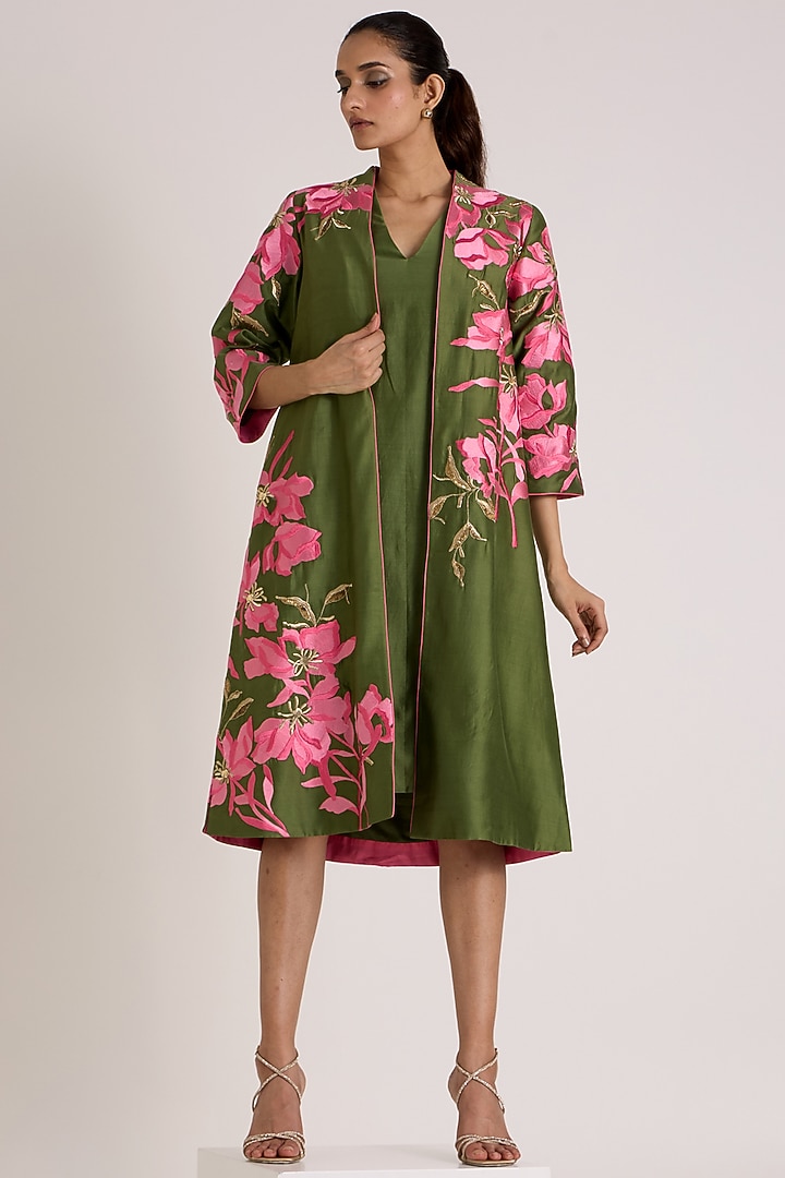 Olive Green Handloom Chanderi Silk Floral Printed Jacket Cocktail Dress by MADDER MUCH at Pernia's Pop Up Shop