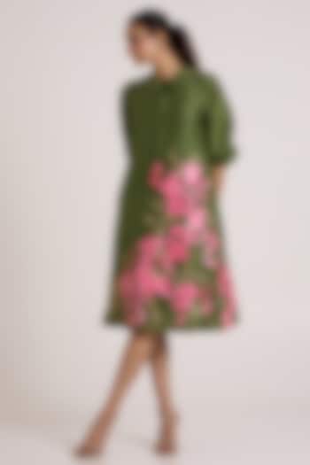 Olive Green Handloom Chanderi Silk Floral Printed Midi Vacation Dress by MADDER MUCH at Pernia's Pop Up Shop