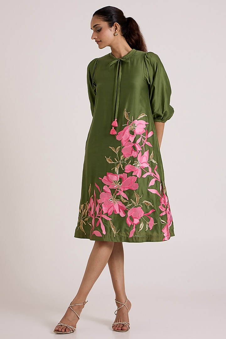 Olive Green Handloom Chanderi Silk Floral Printed Midi Vacation Dress by MADDER MUCH at Pernia's Pop Up Shop