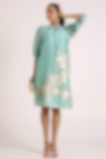 Aqua Handloom Chanderi Silk Floral Printed Midi Vacation Dress by MADDER MUCH at Pernia's Pop Up Shop