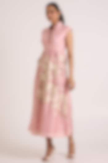 Ice Pink Handloom Chanderi Silk Floral Printed Maxi Vacation Dress by MADDER MUCH at Pernia's Pop Up Shop