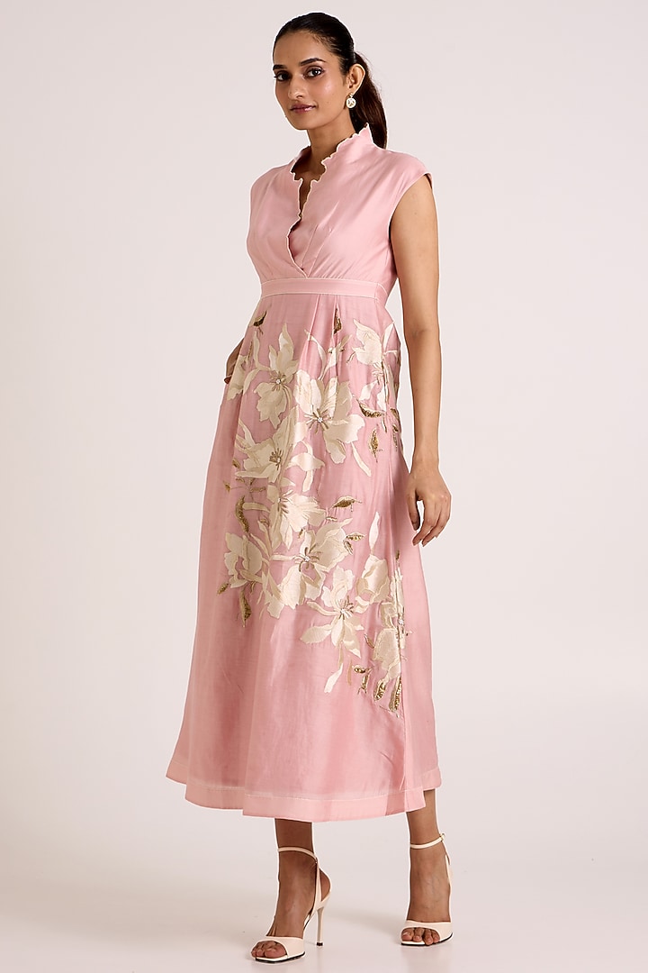 Ice Pink Handloom Chanderi Silk Floral Printed Maxi Vacation Dress by MADDER MUCH at Pernia's Pop Up Shop