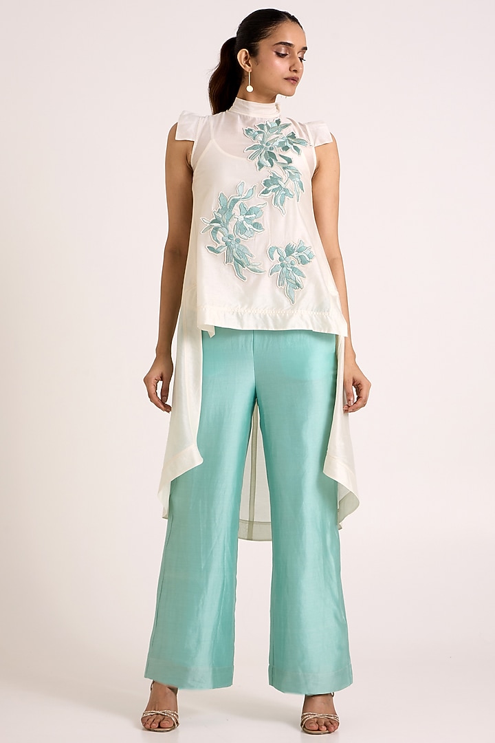 Ivory & Aqua Handloom Chanderi Silk Co-Ord Set by MADDER MUCH at Pernia's Pop Up Shop