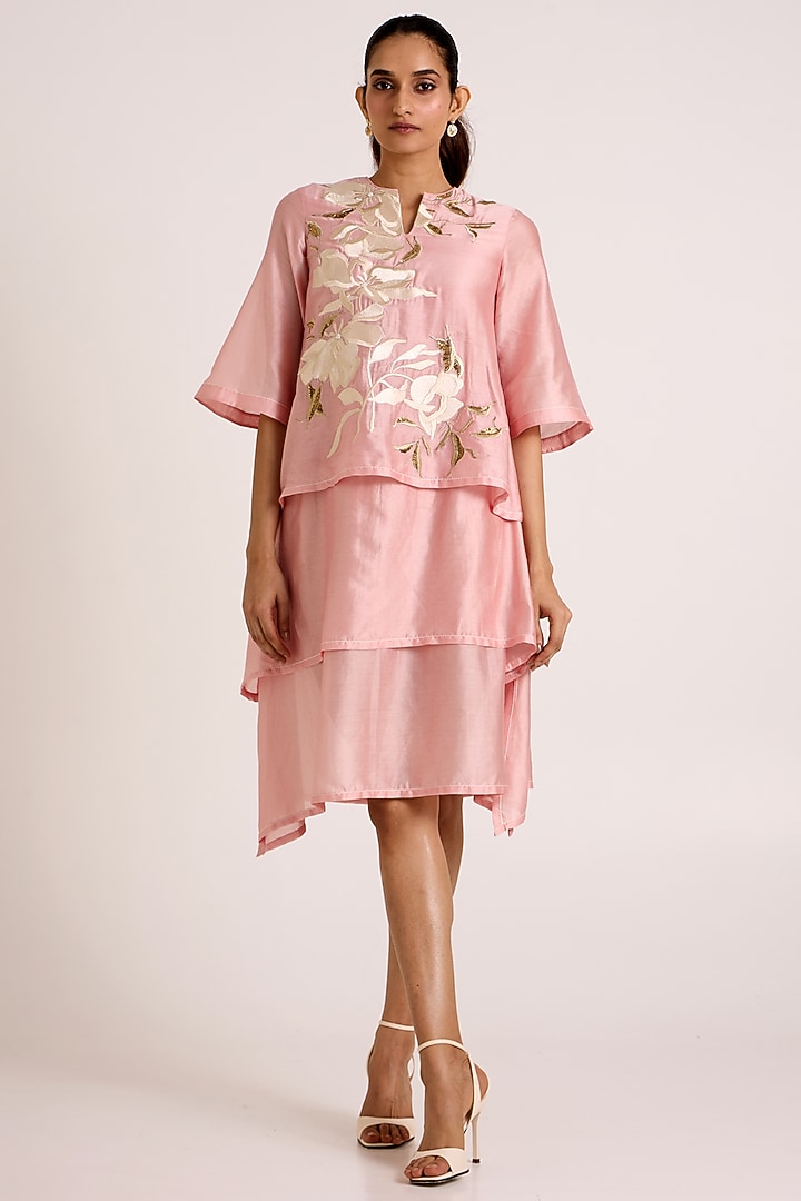 Ice Pink Handloom Chanderi Silk Tiered Vacation Dress by MADDER MUCH at Pernia's Pop Up Shop