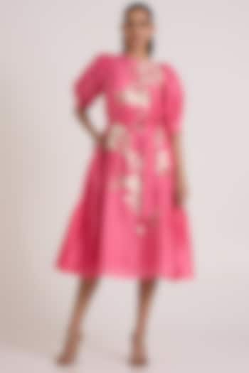 Pink Handloom Chanderi Silk Ruffled Midi Vacation Dress by MADDER MUCH at Pernia's Pop Up Shop