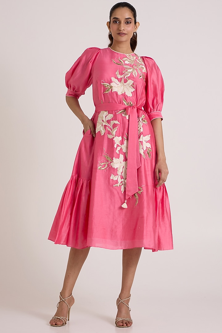 Pink Handloom Chanderi Silk Ruffled Midi Vacation Dress by MADDER MUCH at Pernia's Pop Up Shop