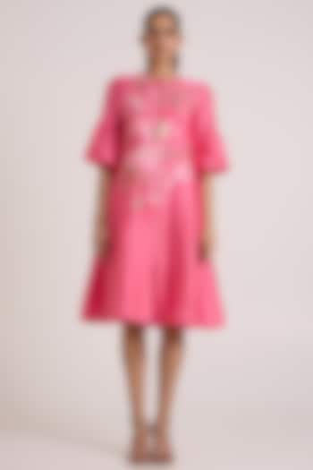 Pink Handloom Chanderi Silk Floral Applique Vacation Dress by MADDER MUCH at Pernia's Pop Up Shop