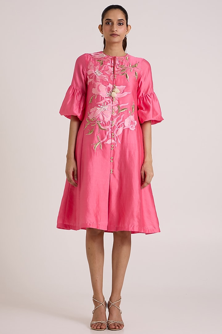 Pink Handloom Chanderi Silk Floral Applique Vacation Dress by MADDER MUCH at Pernia's Pop Up Shop
