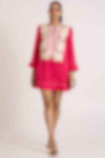Pink Handloom Chanderi Silk Floral Embroidered Mini Vacation Dress by MADDER MUCH at Pernia's Pop Up Shop