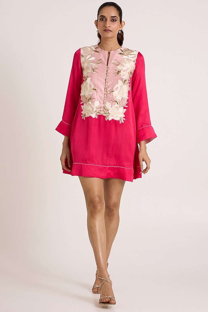 Pink Handloom Chanderi Silk Floral Embroidered Mini Vacation Dress by MADDER MUCH at Pernia's Pop Up Shop