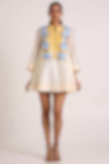 Ivory Handloom Chanderi Silk Floral Embroidered Mini Vacation Dress by MADDER MUCH at Pernia's Pop Up Shop