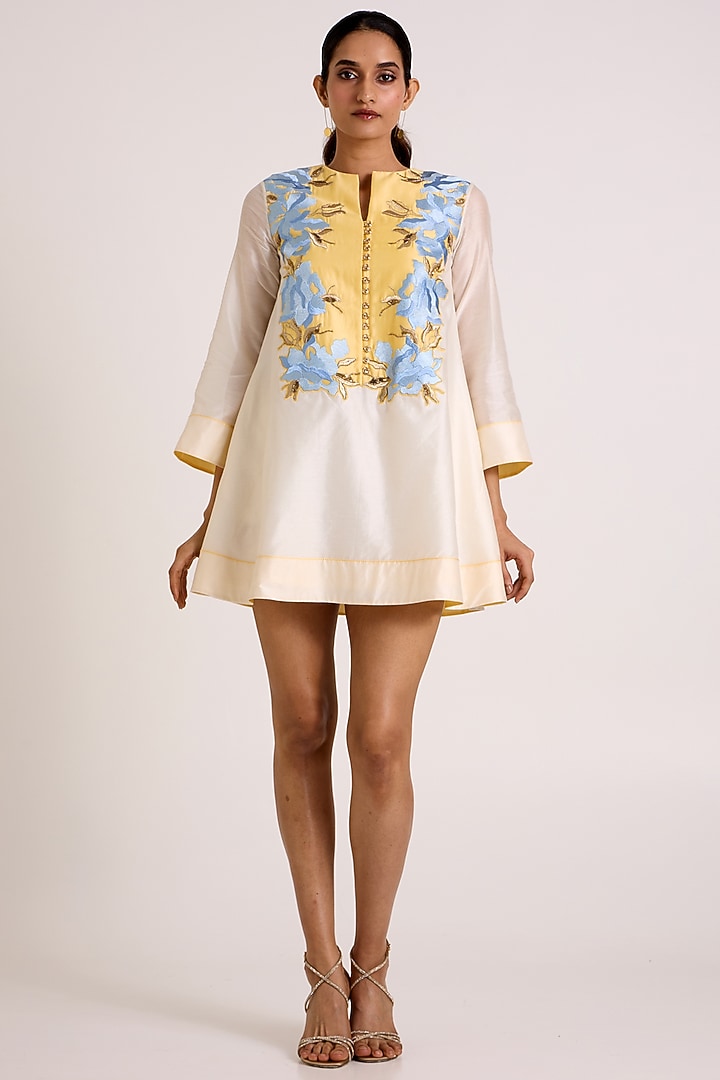 Ivory Handloom Chanderi Silk Floral Embroidered Mini Vacation Dress by MADDER MUCH at Pernia's Pop Up Shop