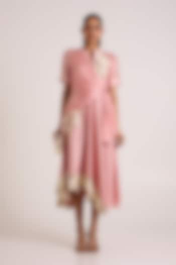 Ice Pink Handloom Chanderi Silk Floral Embroidered Wrap Vacation Dress by MADDER MUCH at Pernia's Pop Up Shop