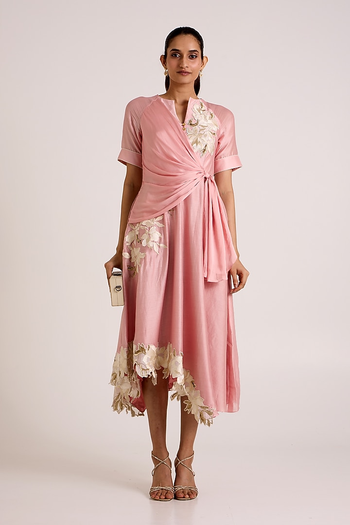 Ice Pink Handloom Chanderi Silk Floral Embroidered Wrap Vacation Dress by MADDER MUCH at Pernia's Pop Up Shop