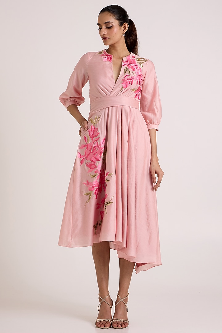 Ice Pink Handloom Chanderi Silk Midi Vacation Dress by MADDER MUCH at Pernia's Pop Up Shop
