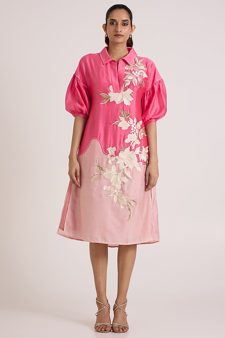 Pink Handloom Chanderi Silk Floral Midi Vacation Dress by MADDER MUCH at Pernia's Pop Up Shop