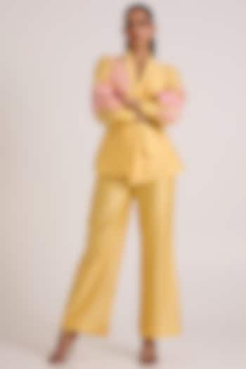 Butter Yellow Handloom Chanderi Silk Blazer Set by MADDER MUCH at Pernia's Pop Up Shop