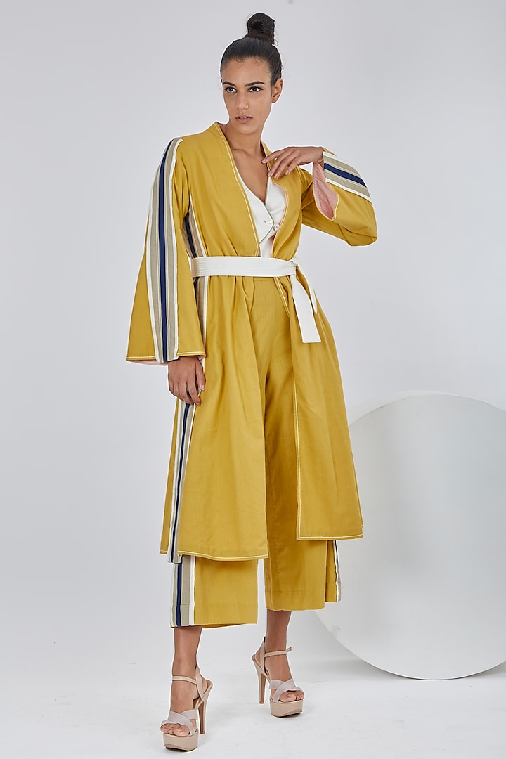 Ochre Yellow Handloom Cotton Reversible Striped Jacket by MADDER MUCH