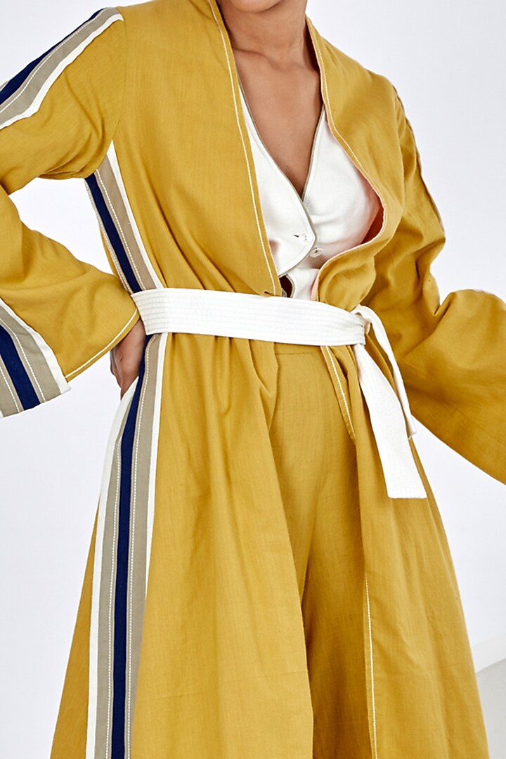 Ochre Yellow Handloom Cotton Reversible Striped Jacket by MADDER MUCH at Pernia's Pop Up Shop