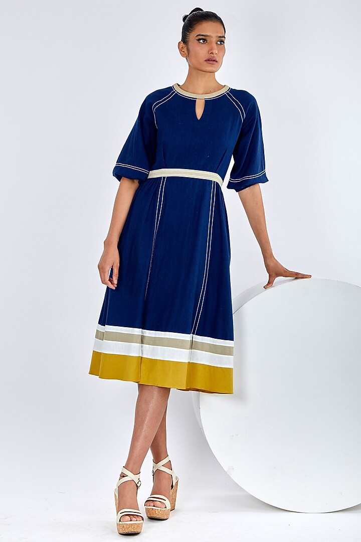 Indigo Blue Handloom Cotton Midi Summer Dress by MADDER MUCH at Pernia's Pop Up Shop