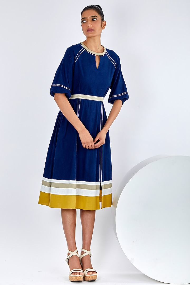 Indigo Blue Handloom Cotton Midi Summer Dress by MADDER MUCH at Pernia's Pop Up Shop