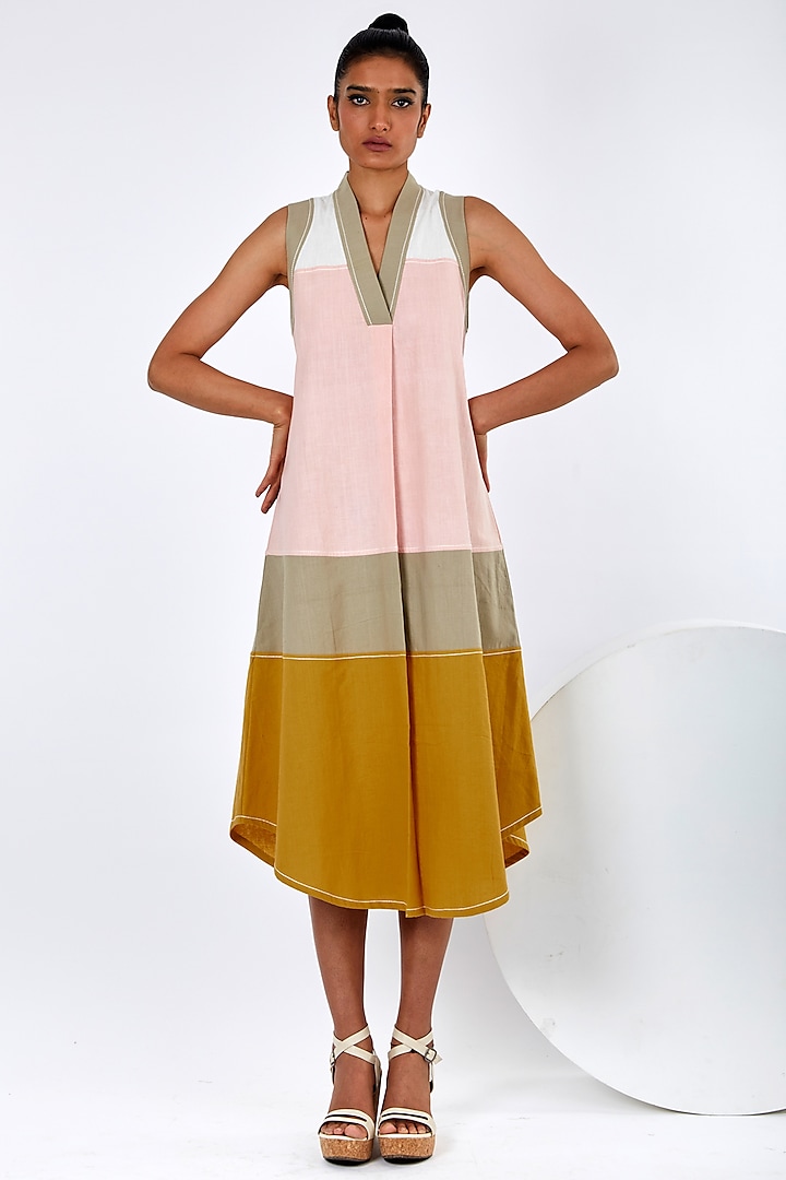 Multi-Colored Handloom Cotton A-Line Midi Dress by MADDER MUCH at Pernia's Pop Up Shop