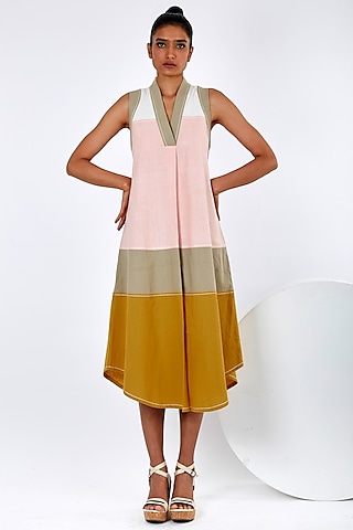 Multi-Colored Handloom Cotton A-Line Midi Dress by MADDER MUCH