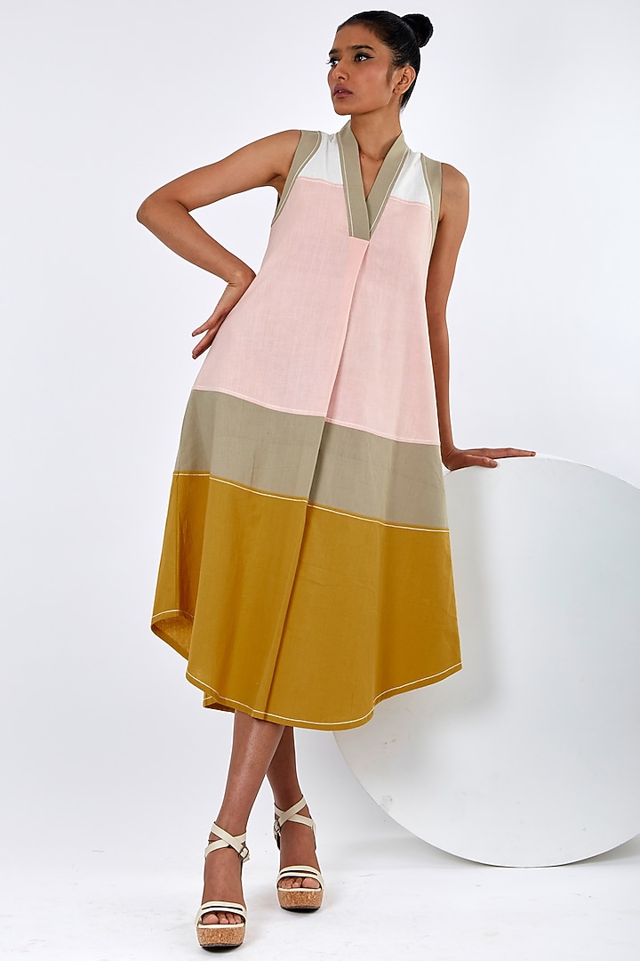 Multi-Colored Handloom Cotton A-Line Midi Summer Dress by MADDER MUCH at Pernia's Pop Up Shop