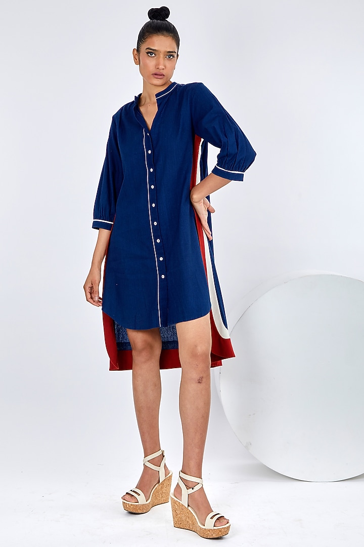 Indigo Blue Handloom Cotton High-Low Summer Shirt Dress by MADDER MUCH at Pernia's Pop Up Shop