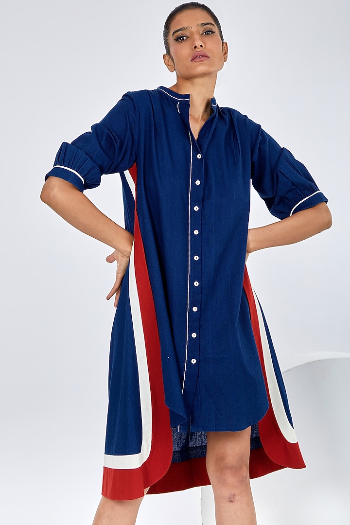 Indigo Blue Handloom Cotton High-Low Summer Shirt Dress by MADDER MUCH at Pernia's Pop Up Shop