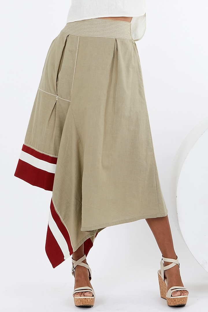 Grey-Beige Handloom Cotton Asymmetrical Skirt by MADDER MUCH