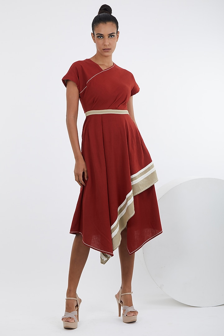 Madder Red Handloom Cotton Asymmetric Midi Dress by MADDER MUCH