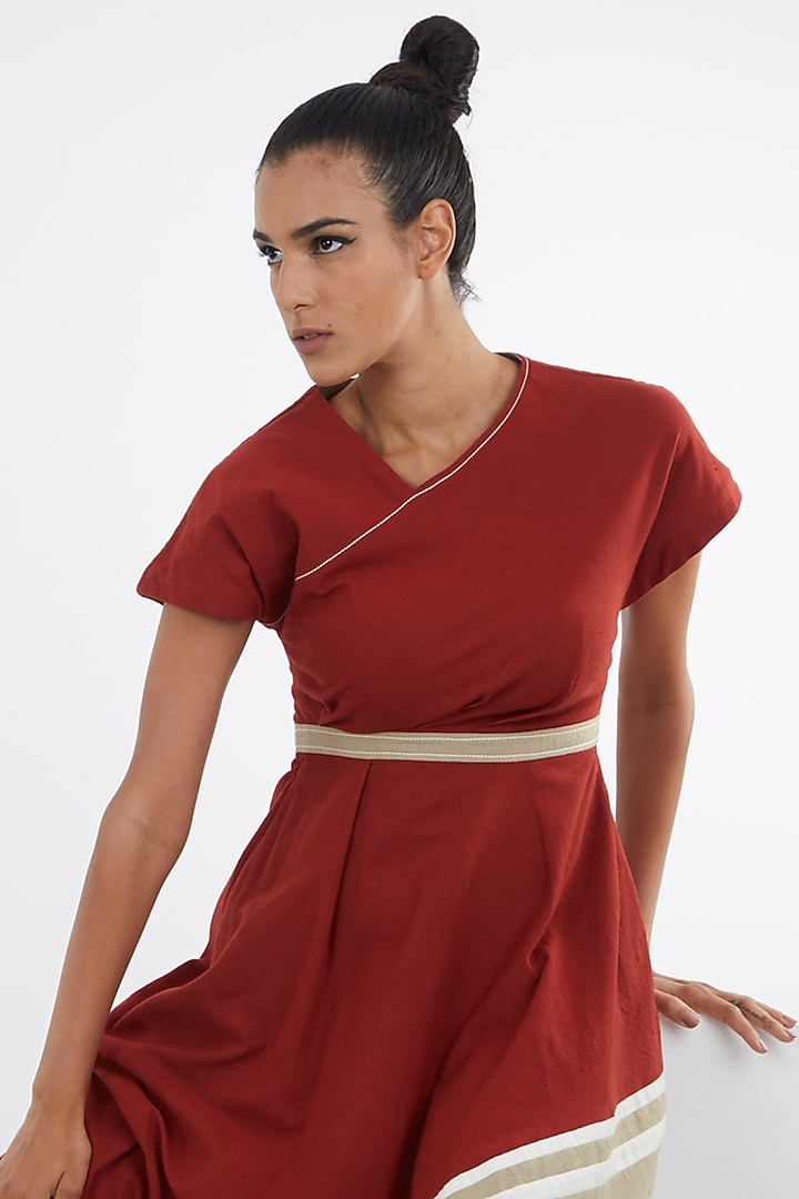 Madder Red Handloom Cotton Asymmetric Midi Vacation Dress by MADDER MUCH at Pernia's Pop Up Shop