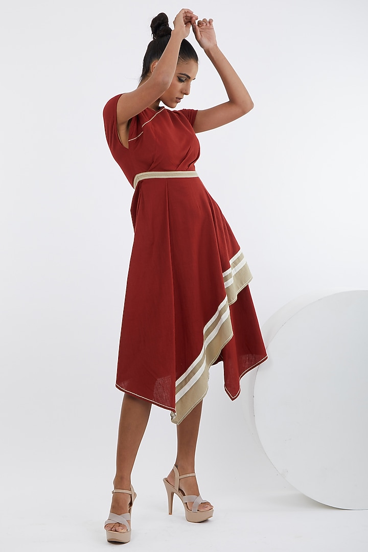 Madder Red Handloom Cotton Asymmetric Midi Vacation Dress by MADDER MUCH at Pernia's Pop Up Shop