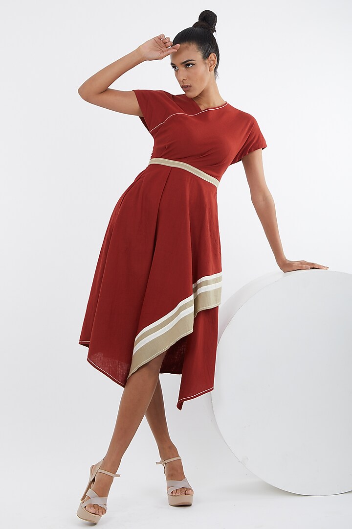 Madder Red Handloom Cotton Asymmetric Midi Vacation Dress by MADDER MUCH at Pernia's Pop Up Shop