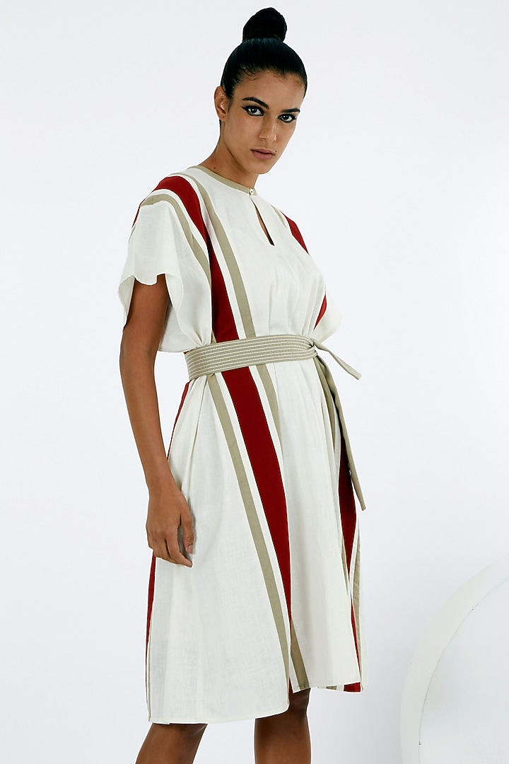 White Handloom Cotton Kaftan Summer Dress With Belt by MADDER MUCH at Pernia's Pop Up Shop