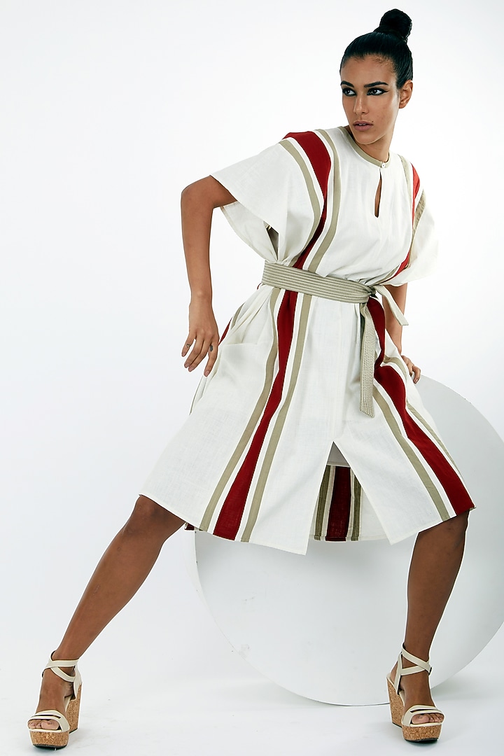 White Handloom Cotton Kaftan Summer Dress With Belt by MADDER MUCH at Pernia's Pop Up Shop