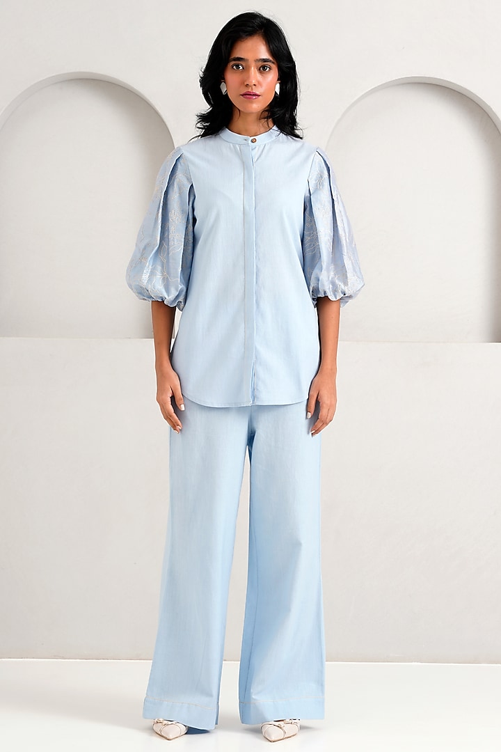 Ice Blue Handloom Chanderi & Handloom Cotton Pant Set by MADDER MUCH at Pernia's Pop Up Shop