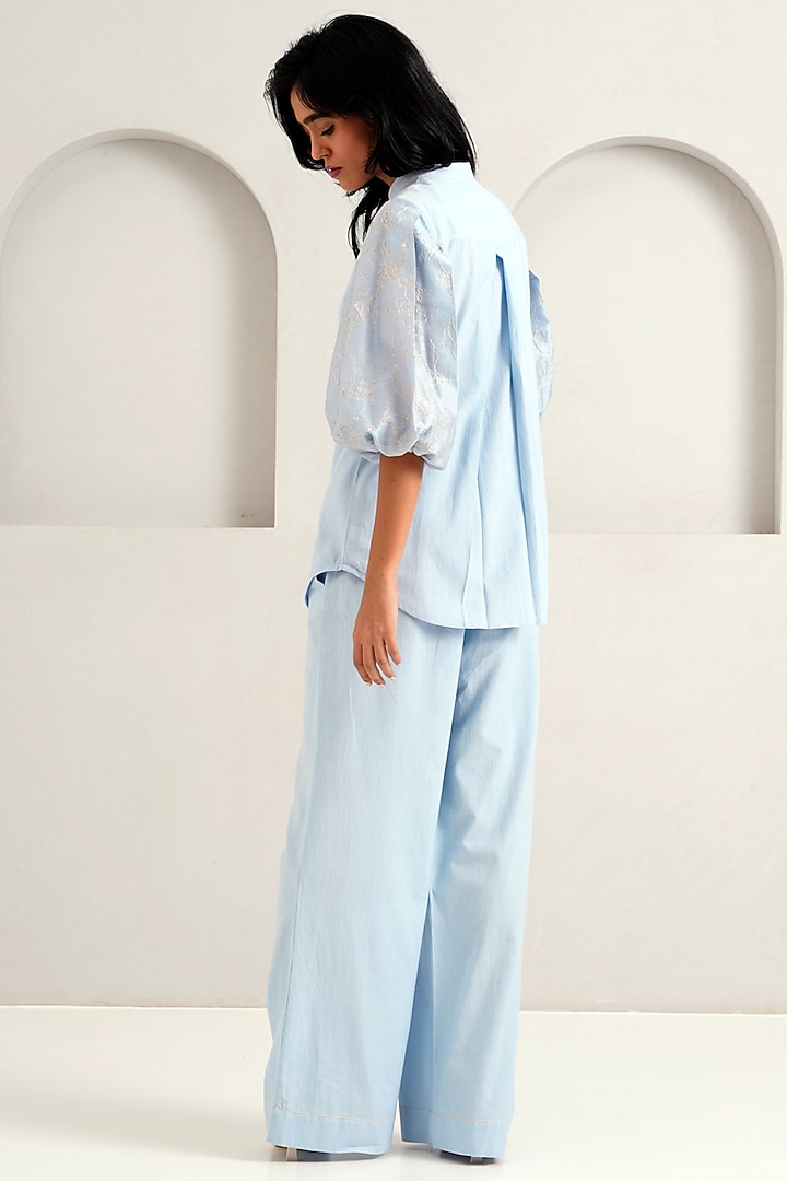 Ice Blue Handloom Chanderi & Handloom Cotton Pant Set by MADDER MUCH at Pernia's Pop Up Shop