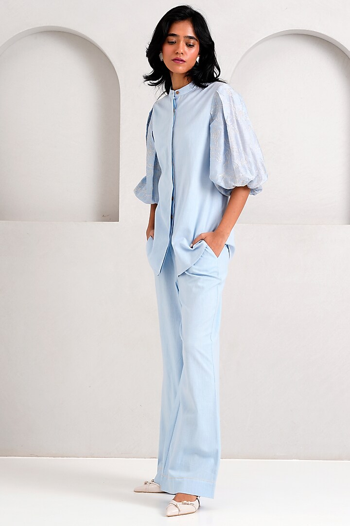 Ice Blue Handloom Chanderi & Handloom Cotton Pant Set by MADDER MUCH at Pernia's Pop Up Shop