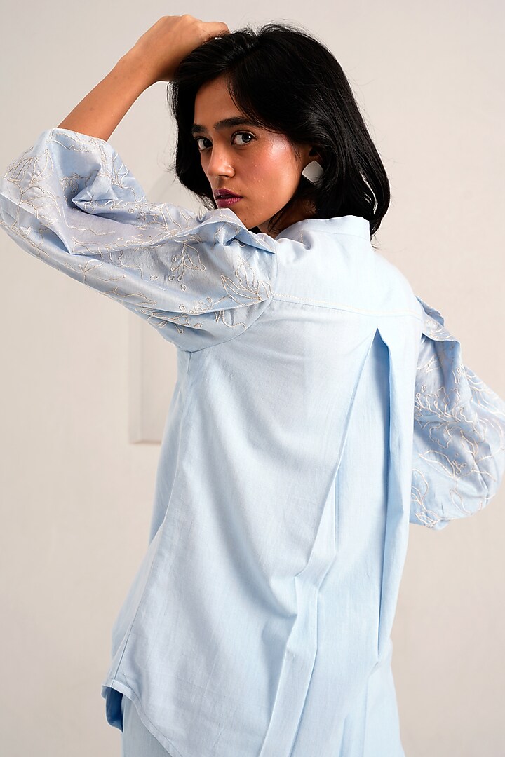 Ice Blue Handloom Chanderi & Handloom Cotton Pant Set by MADDER MUCH at Pernia's Pop Up Shop