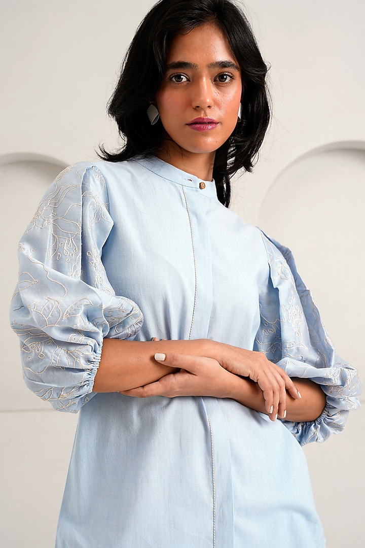 Ice Blue Handloom Chanderi & Handloom Cotton Pant Set by MADDER MUCH at Pernia's Pop Up Shop