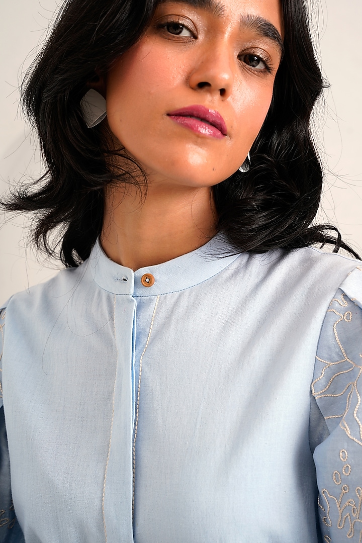 Ice Blue Handloom Chanderi & Handloom Cotton Pant Set by MADDER MUCH at Pernia's Pop Up Shop