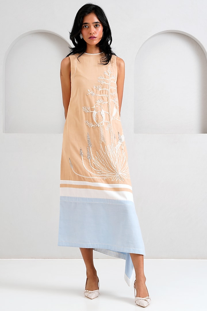 Latte-Colored Handloom Cotton Hand Embroidered Midi Dress by MADDER MUCH at Pernia's Pop Up Shop