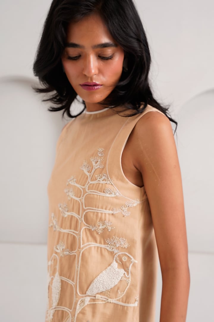 Latte-Colored Handloom Cotton Hand Embroidered Midi Vacation Dress by MADDER MUCH at Pernia's Pop Up Shop