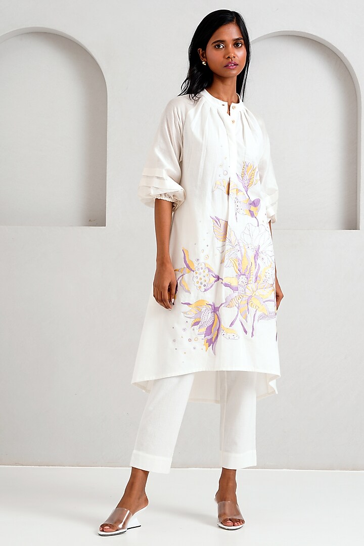 White Handloom Cotton Hand Embroidered Tunic Set by MADDER MUCH at Pernia's Pop Up Shop